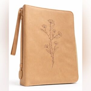 New Large PU Leather Bible Cover Tan Floral Zippered w/ Wrist Strap